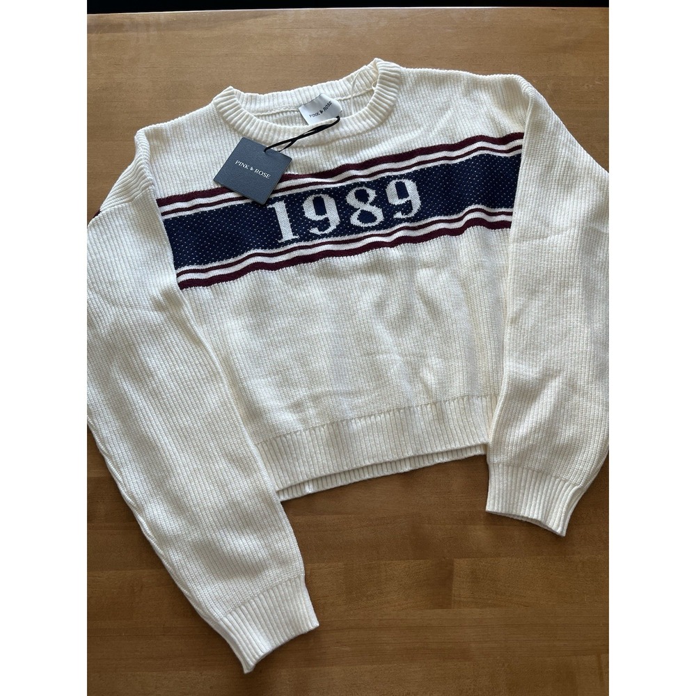 Pink Rose 1989 Knit‎ Sweater Cream/Maroon Size L New With Tags Cropped Patriotic